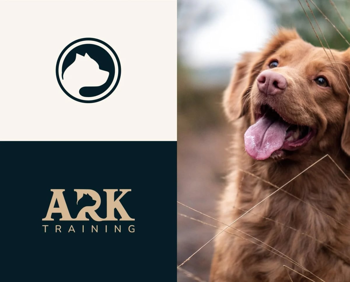 Déclinaisons du logo ARK Training, emblème circulaire canin sur fond ivoire et logotype complet sur fond bleu nuit