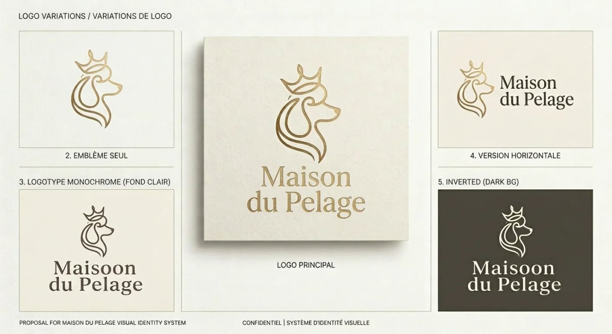 Déclinaisons du logo Maison du Pelage — emblème seul, logotype, version horizontale, monochrome et inversée sur fond sombre