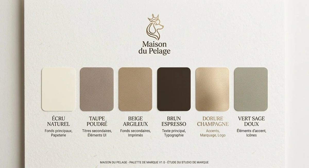 Palette de couleurs Maison du Pelage, crème, taupe, brun profond et doré discret