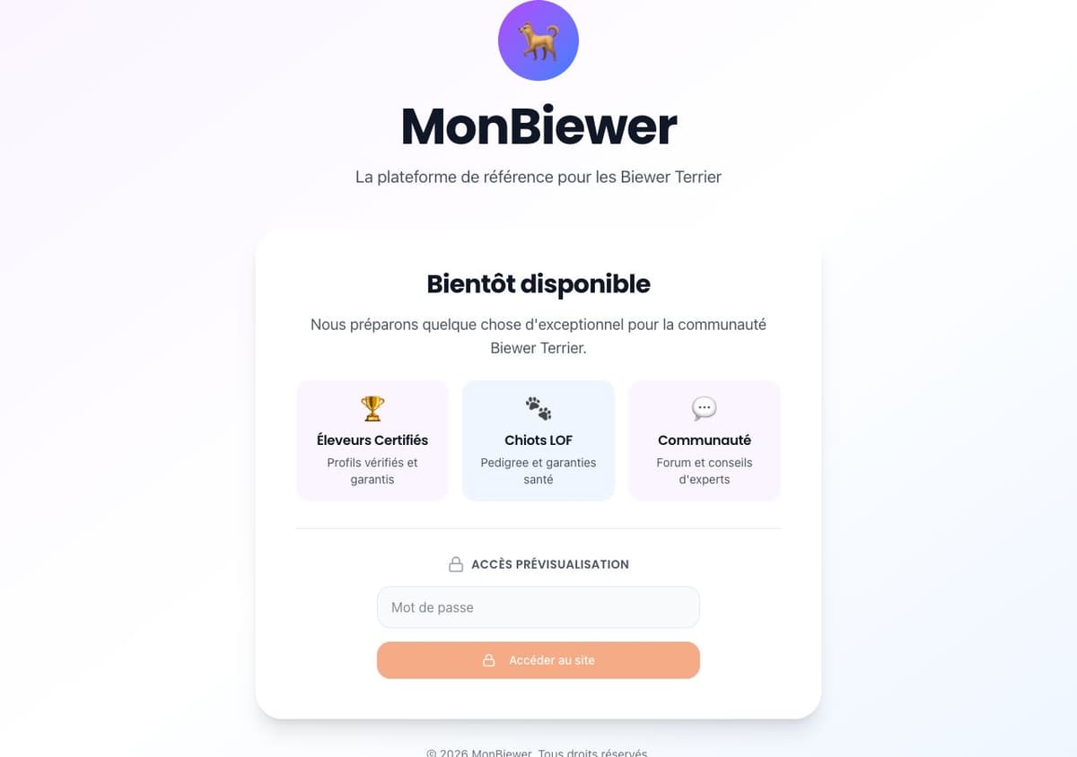 Capture d'écran du site MonBiewer — plateforme de recherche Biewer Terrier